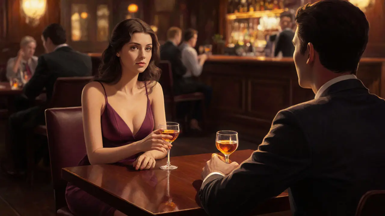 A babe and a client converse in an upscale Munich bar, emphasizing a relaxed meeting.