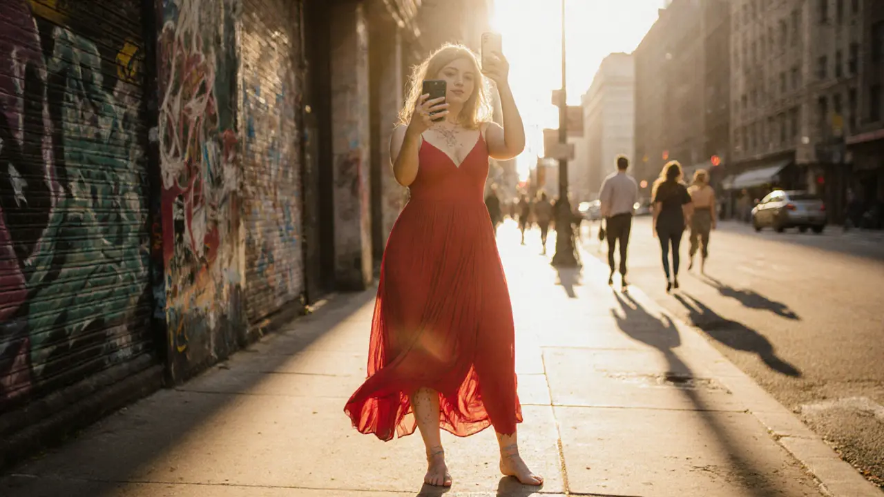 A curvy woman in a red dress standing on a city sidewalk at sunset with natural skin and a smartphone showing an unretouched photo.