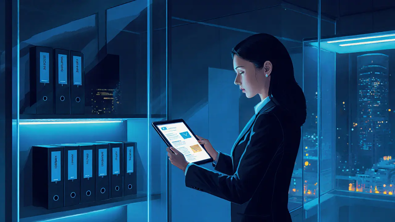 A professional woman in a modern Munich agency office reviewing encrypted client profiles.