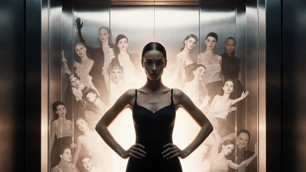 A woman in a power pose sees her reflections multiplying in a mirror, symbolizing the growth of inner confidence.