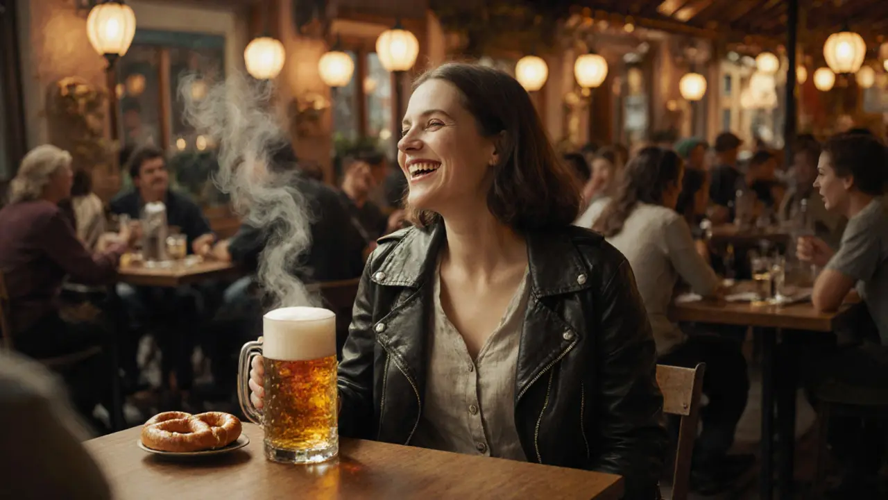 A woman laughing in a Munich beer garden, wearing a linen dress and leather jacket, enjoying a beer with friends.