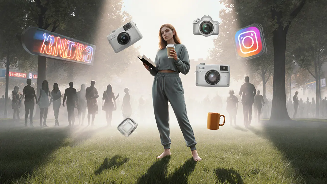 A woman standing barefoot in a park, surrounded by fading images of city pressures, symbolizing quiet freedom.