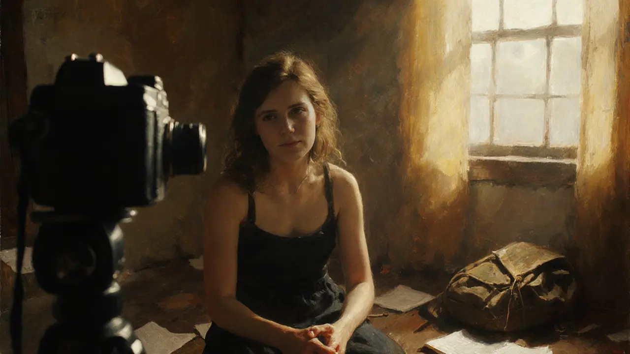 A young woman speaks boldly into a camera during an audition, natural light highlighting her authentic expression.