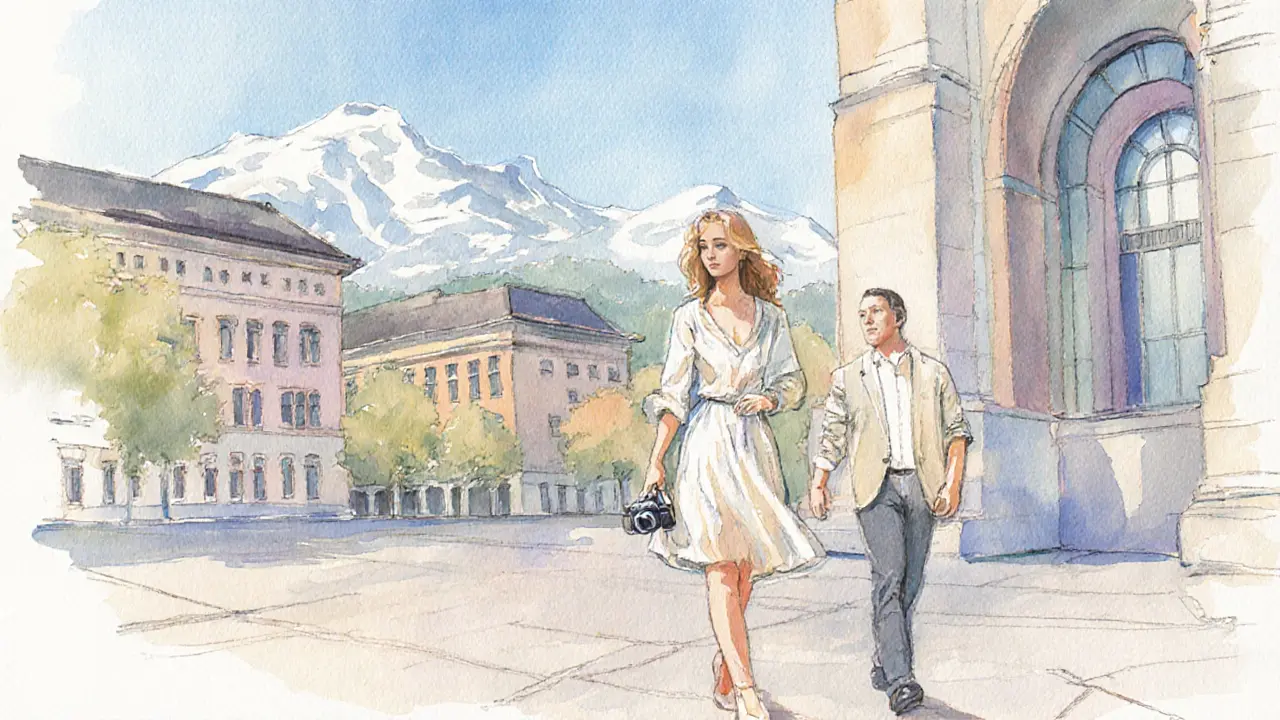 Companion and client walking near a museum with Alps in background.