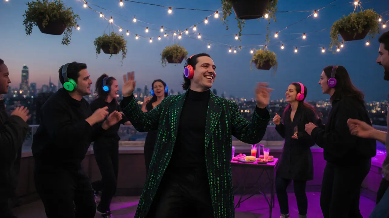 Crowd at a silent disco rooftop party under fairy lights, wearing colorful headphones.