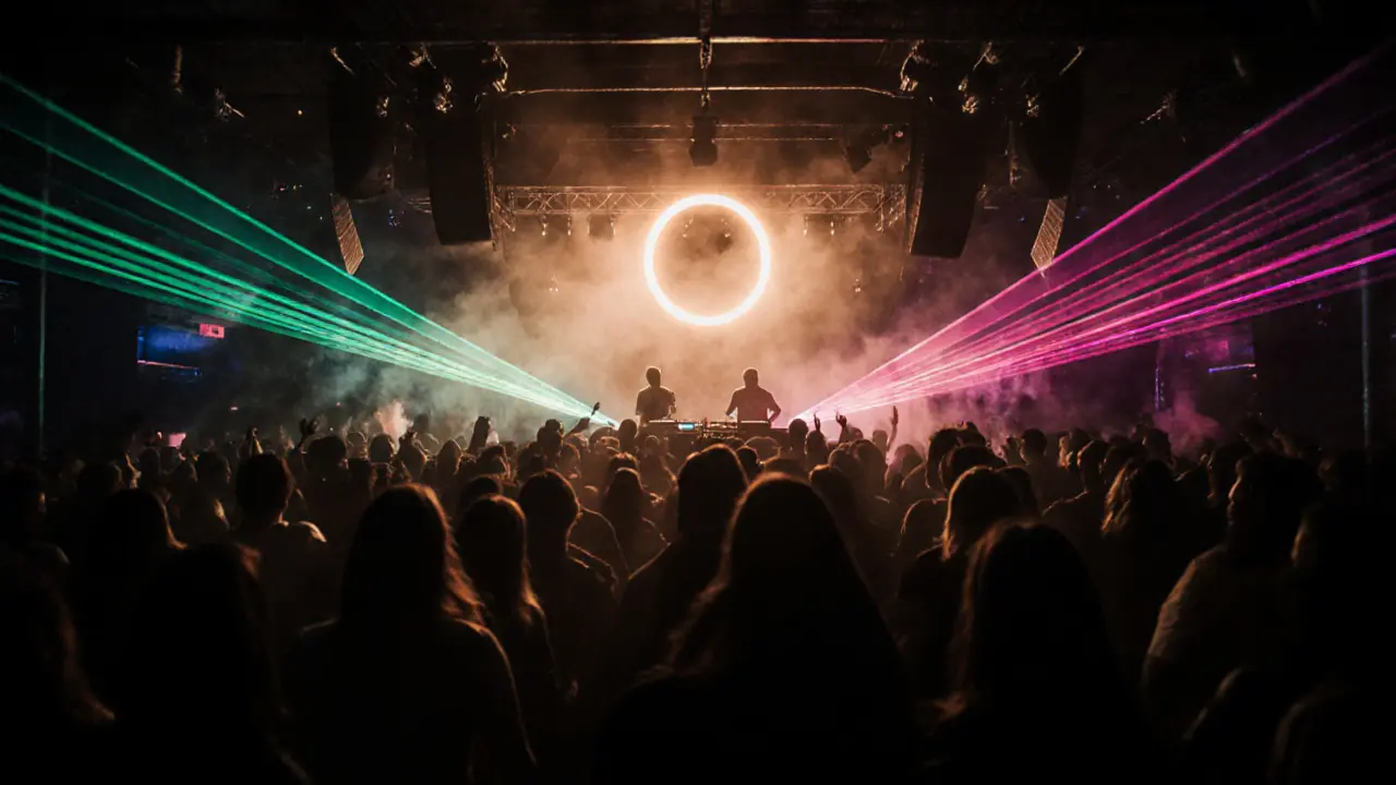 Crowd dancing inside a techno club with DJ and laser lights.
