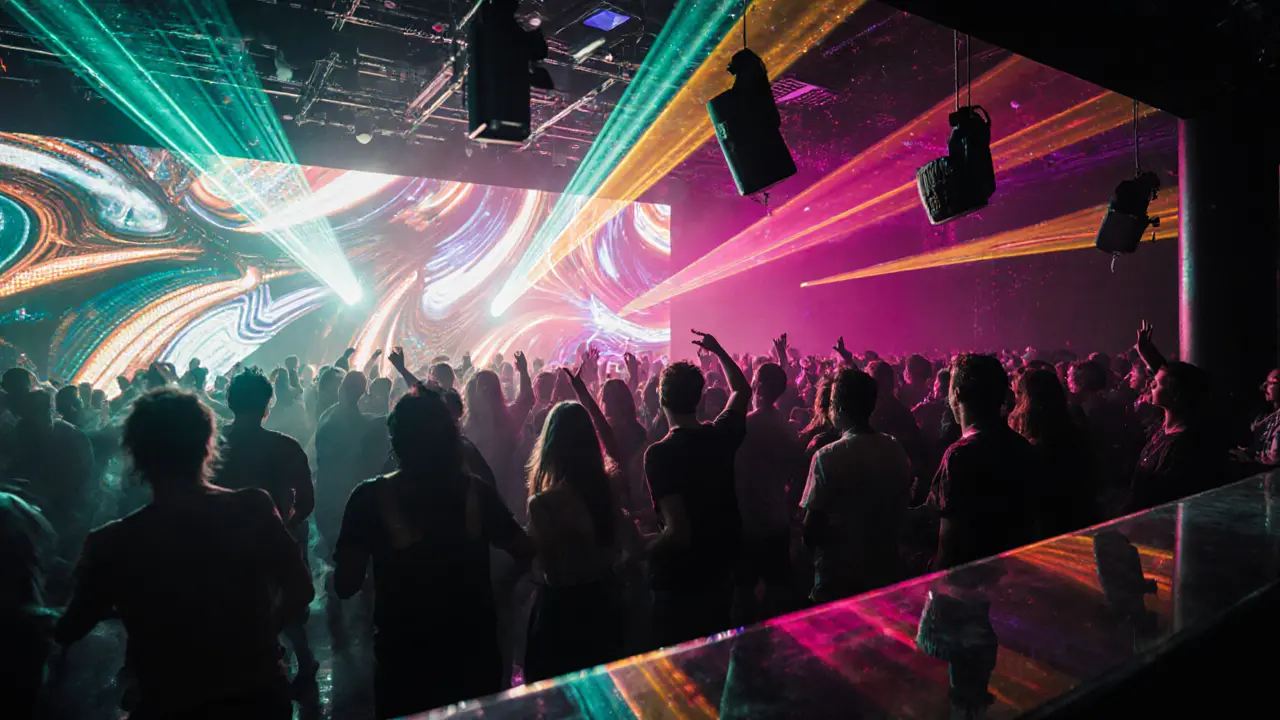 Crowd dancing under LED walls and laser lights inside a modern Munich club.