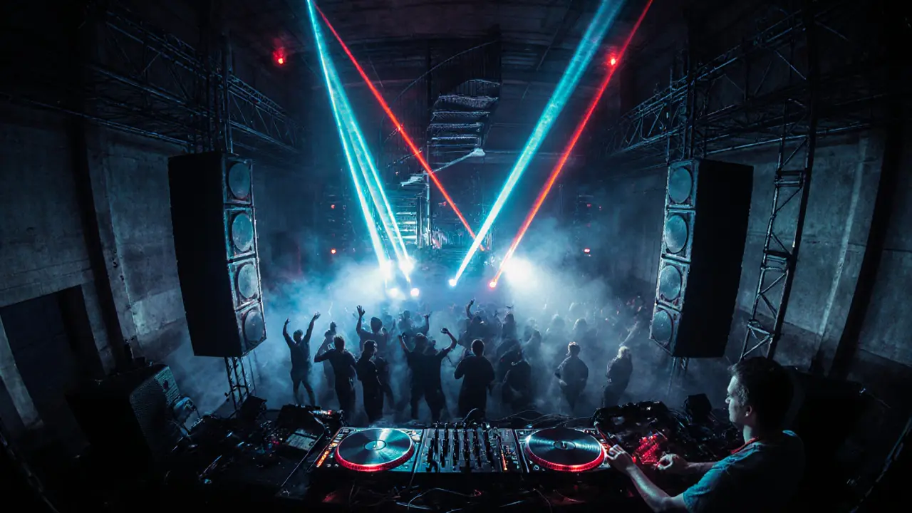Dark industrial club interior with DJ booth, laser beams, and dancing silhouetted crowd.