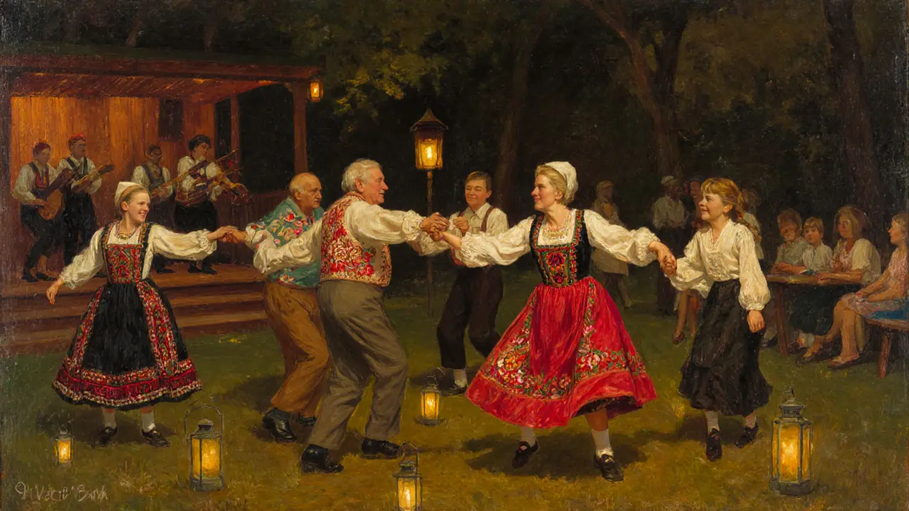 Diverse group dancing in a circle at a neighborhood folk festival with lanterns and musicians.