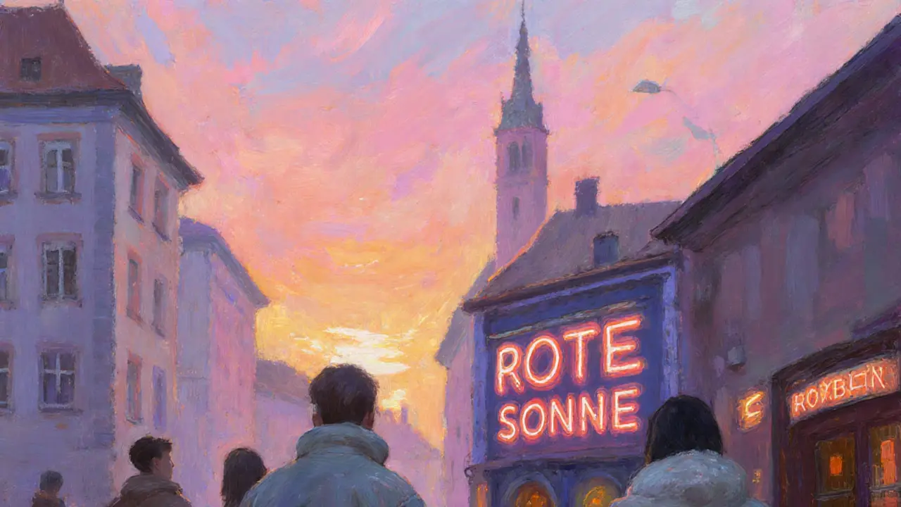Early morning exterior of a Munich nightclub as sunrise colors fill the sky.