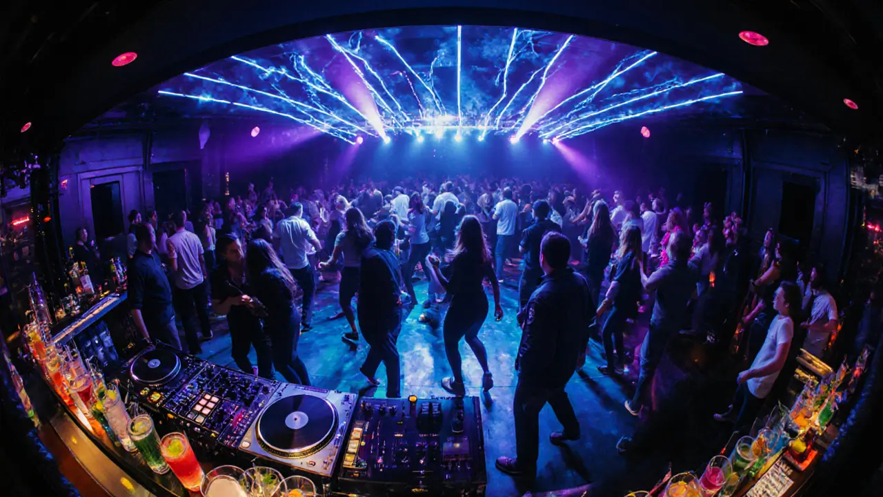 Energetic interior of a Dublin nightclub with dancers, DJ booth, and glowing lights.