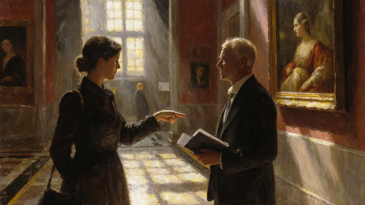 Escort guiding a guest through the Alte Pinakothek museum, admiring artwork.