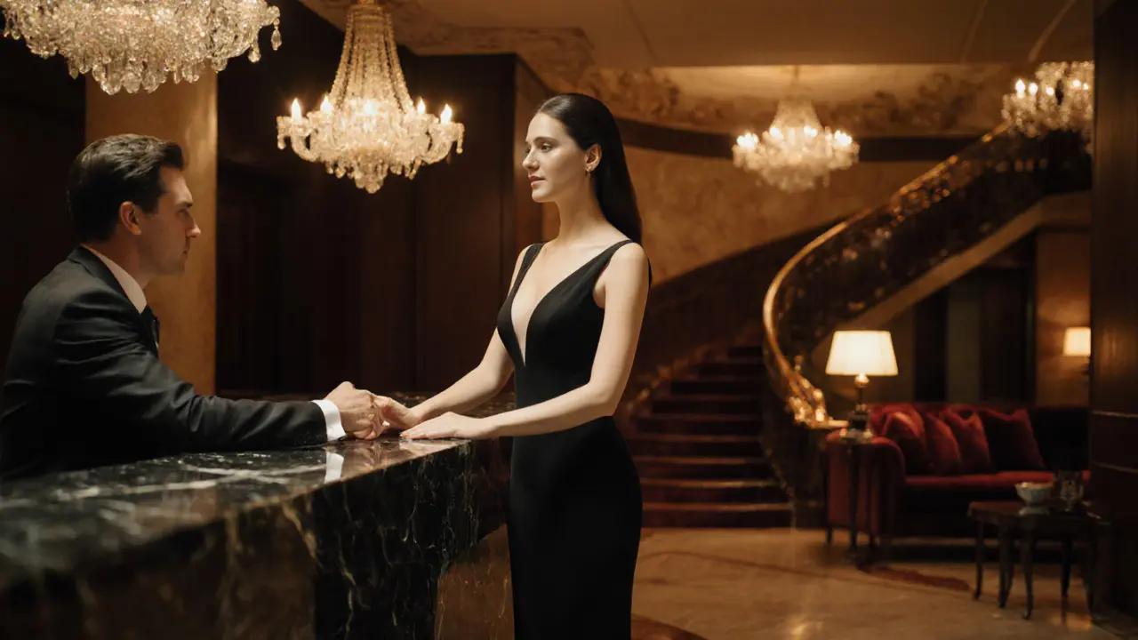 Escort in black gown greeting client in a luxurious hotel lobby.