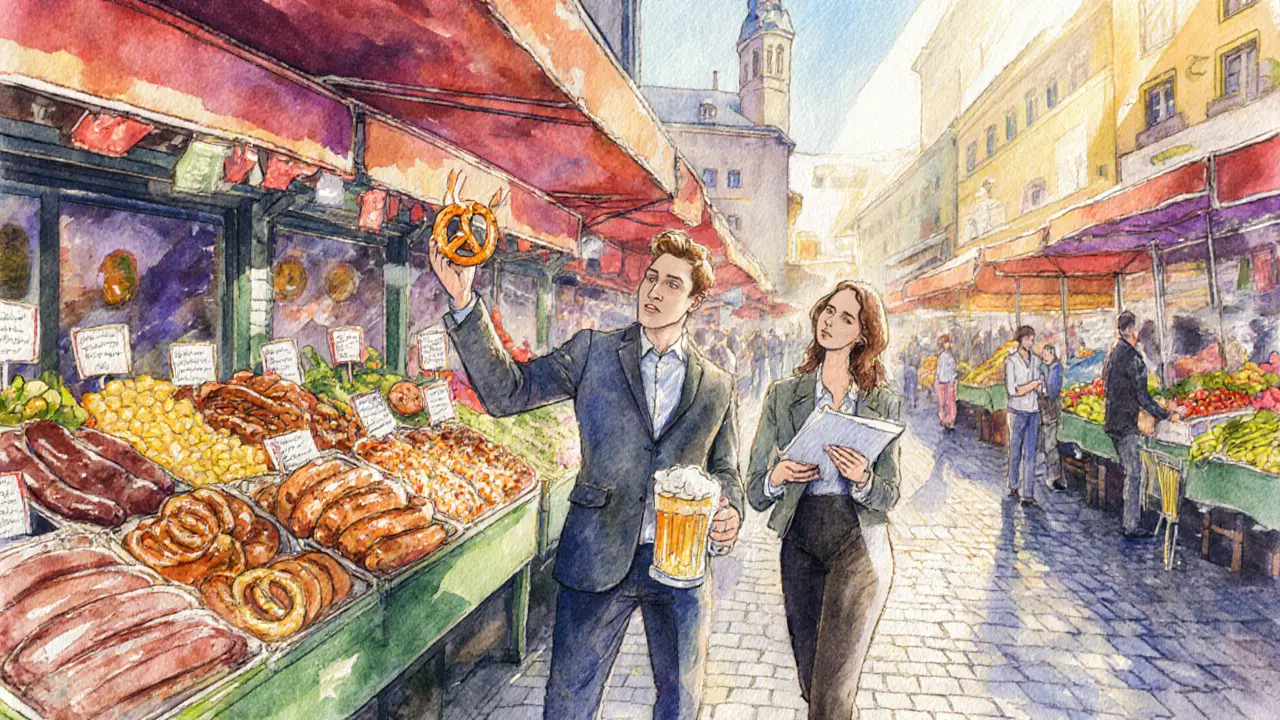 Escort leads a client through a colorful Munich market tasting local foods.