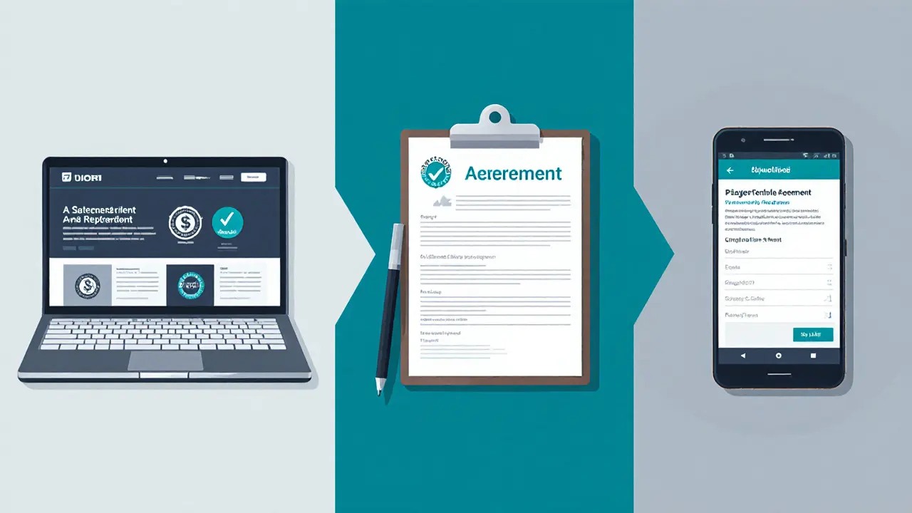 Flat illustration of laptop, background‑check form, and secure payment icons.