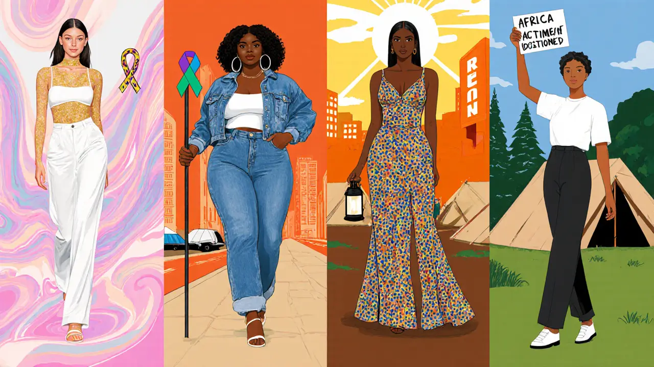Four illustrated panels show models representing high fashion, commercial, plus‑size, and activist roles.