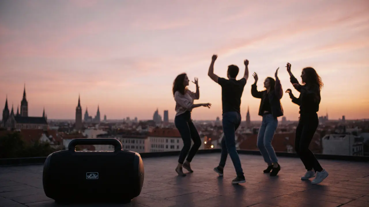 Friends dancing on a rooftop terrace at sunrise with Munich skyline in background.