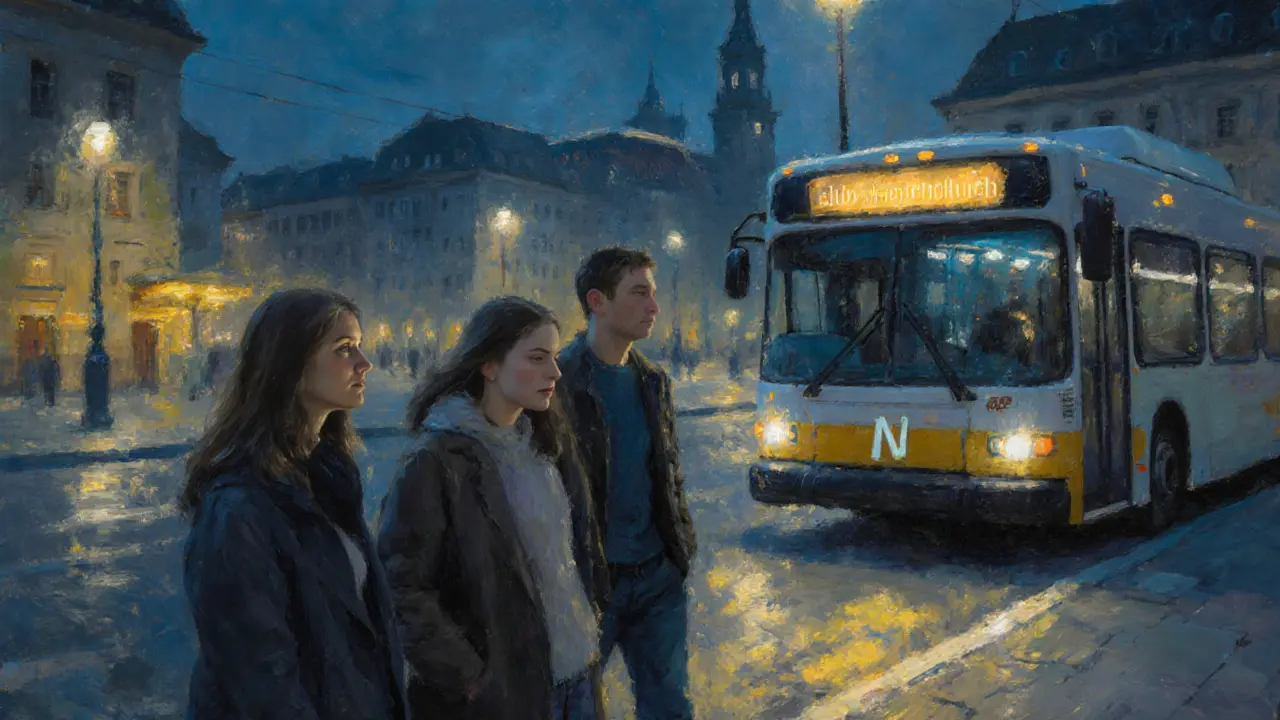 Friends leaving a bar, walking toward a night bus under streetlamps in Munich.