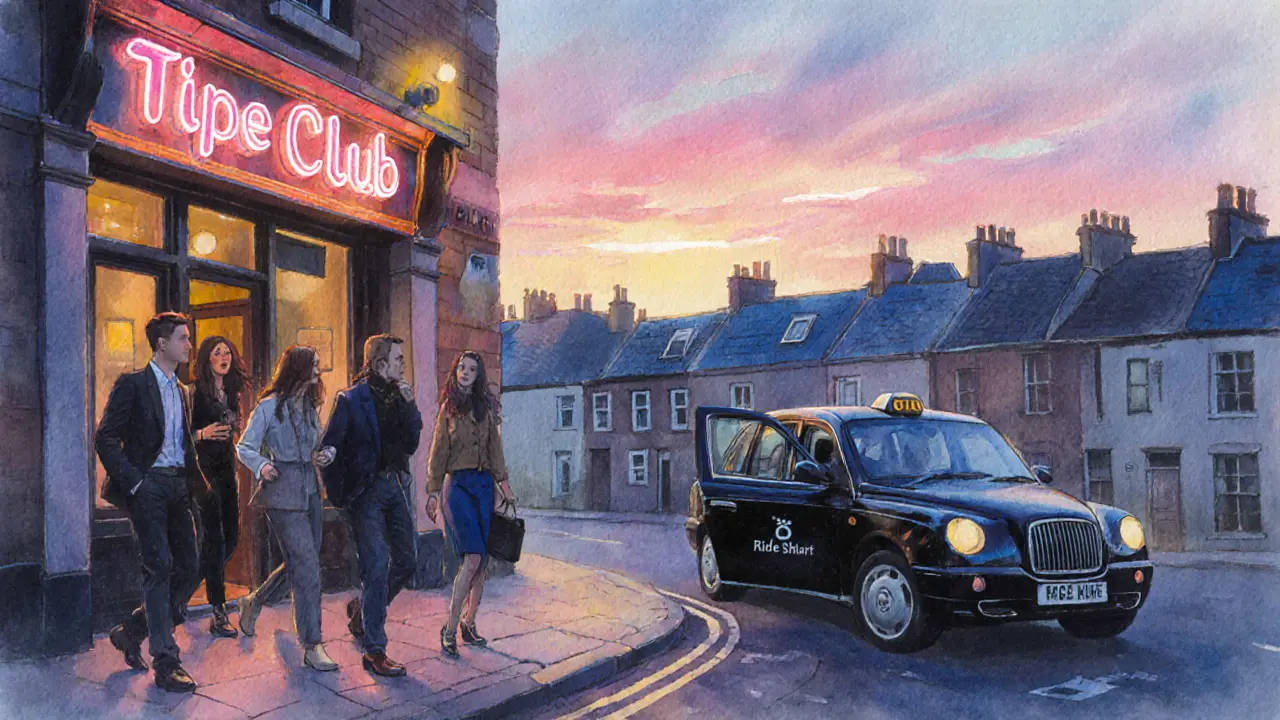 Friends leaving a club at sunrise, waiting for a taxi on a quiet Dublin street.