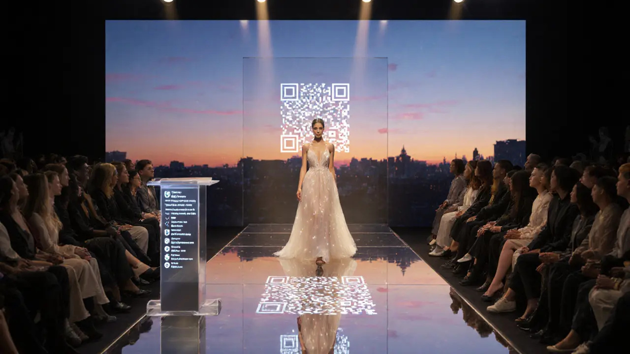 Futuristic runway with a model wearing a gown displaying a QR code and a captivated audience.