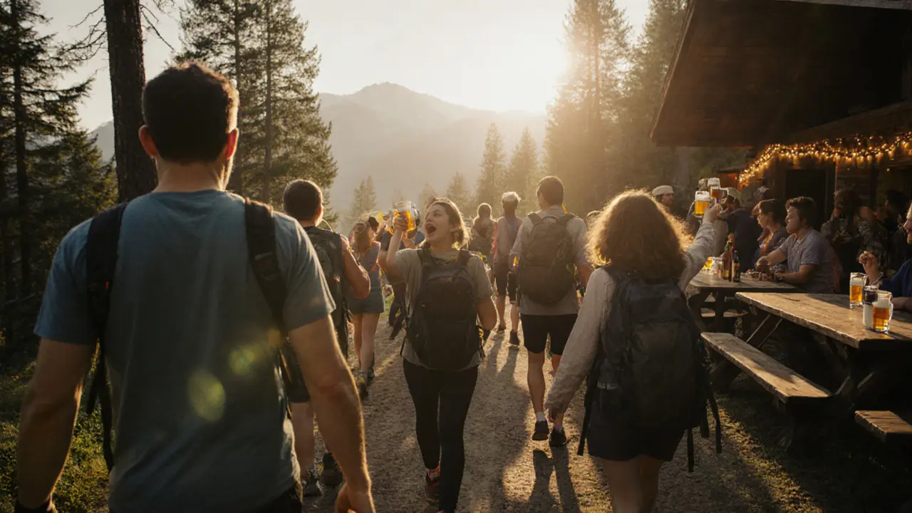 Group of hikers smiling on a forest trail near Tegernsee, ending at a Bavarian beer garden.