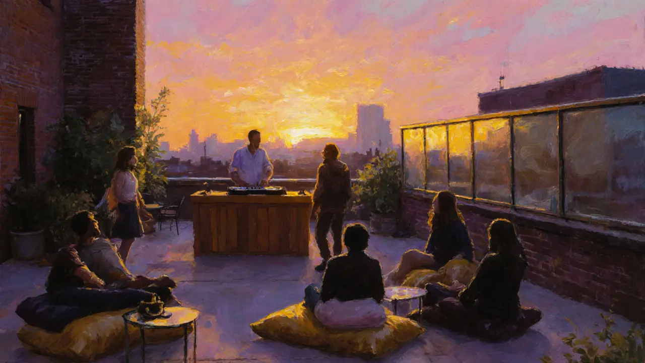 Guests enjoying a sunrise DJ set in an outdoor courtyard at a Munich warehouse venue.