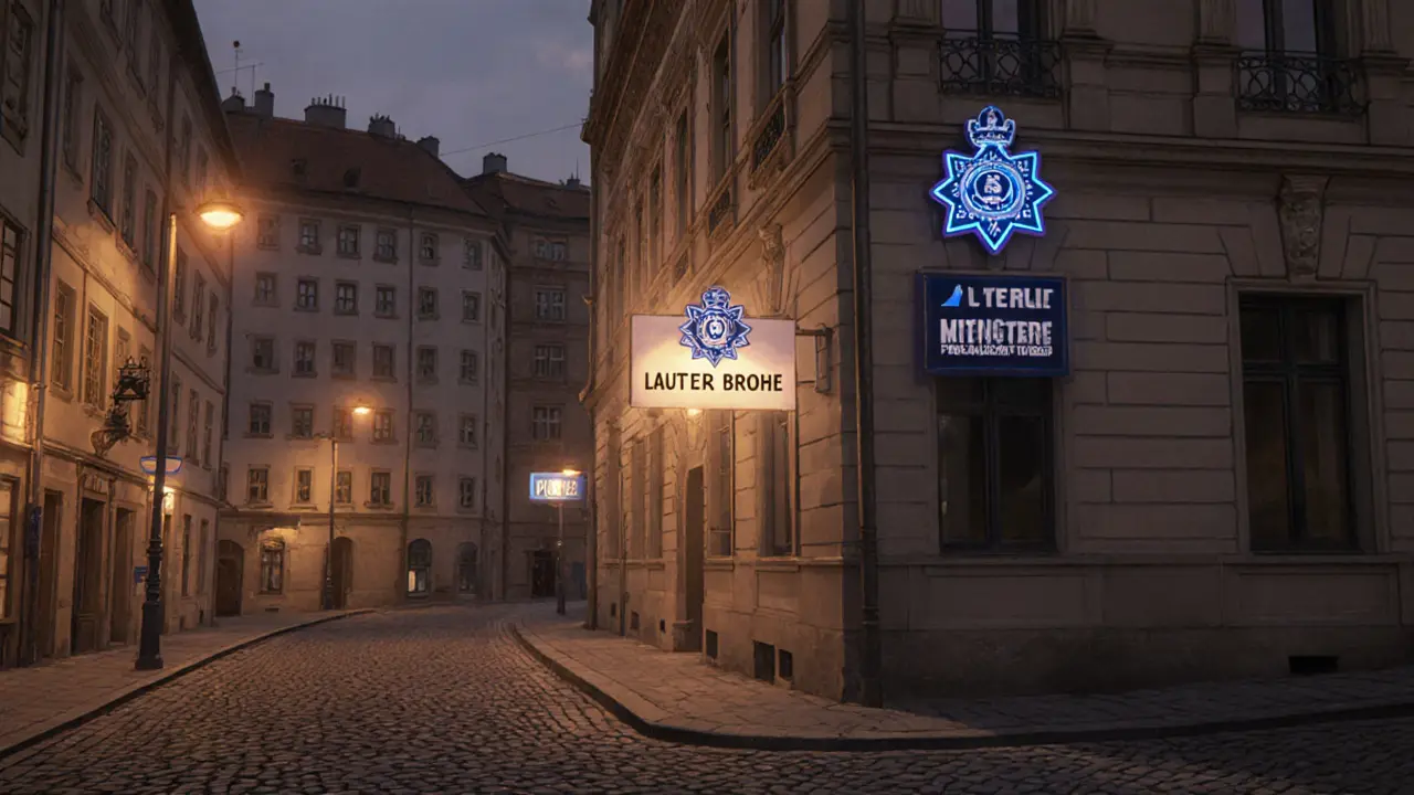 Historic Lauterstraße street in Munich with a lit sign indicating a licensed brothel and nearby police office.