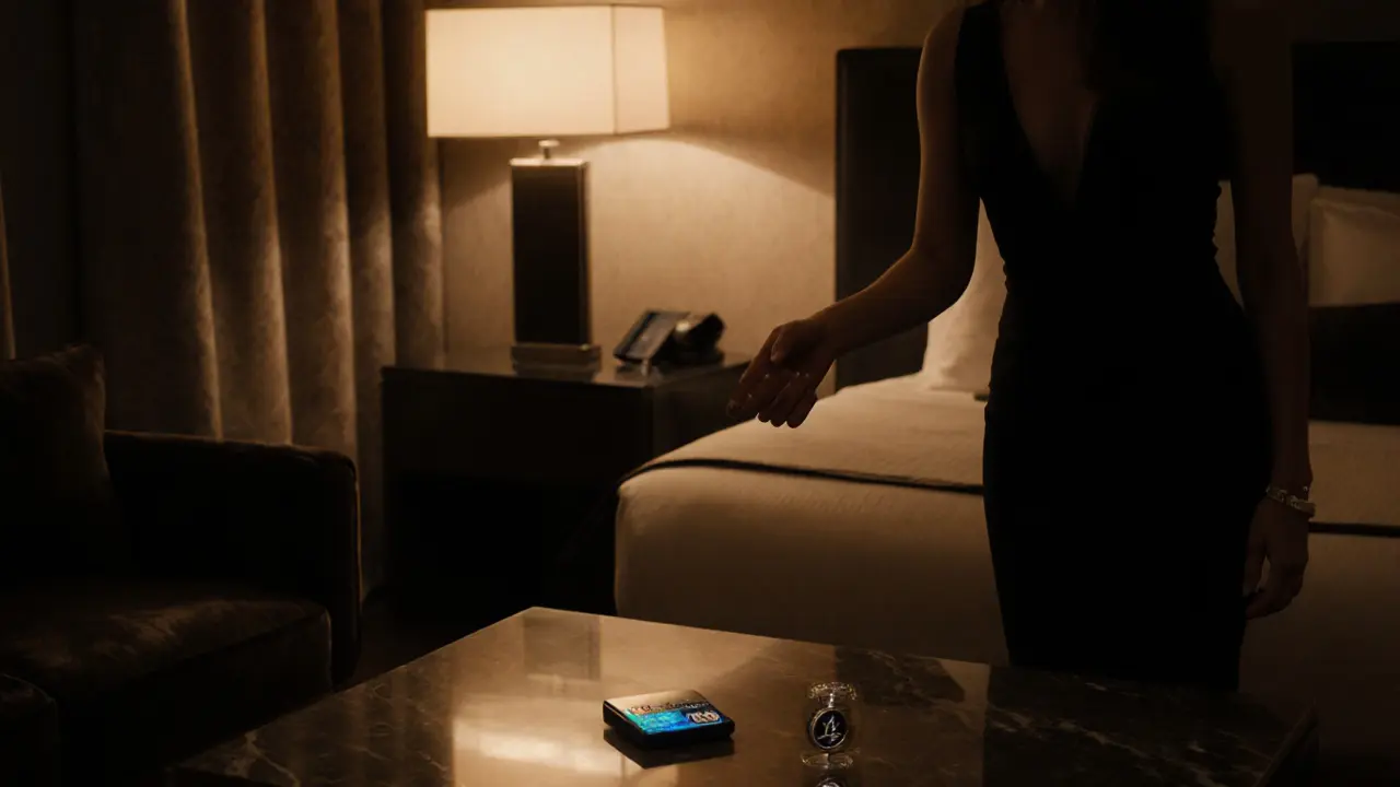 Hotel suite scene with a discreet handshake, ID card, and encrypted payment device indicating safety.