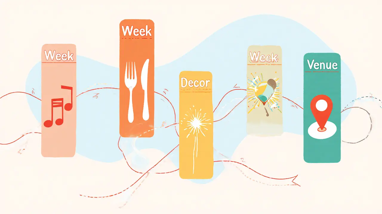Illustrated 8‑week timeline with icons for music, food, décor, and venue.