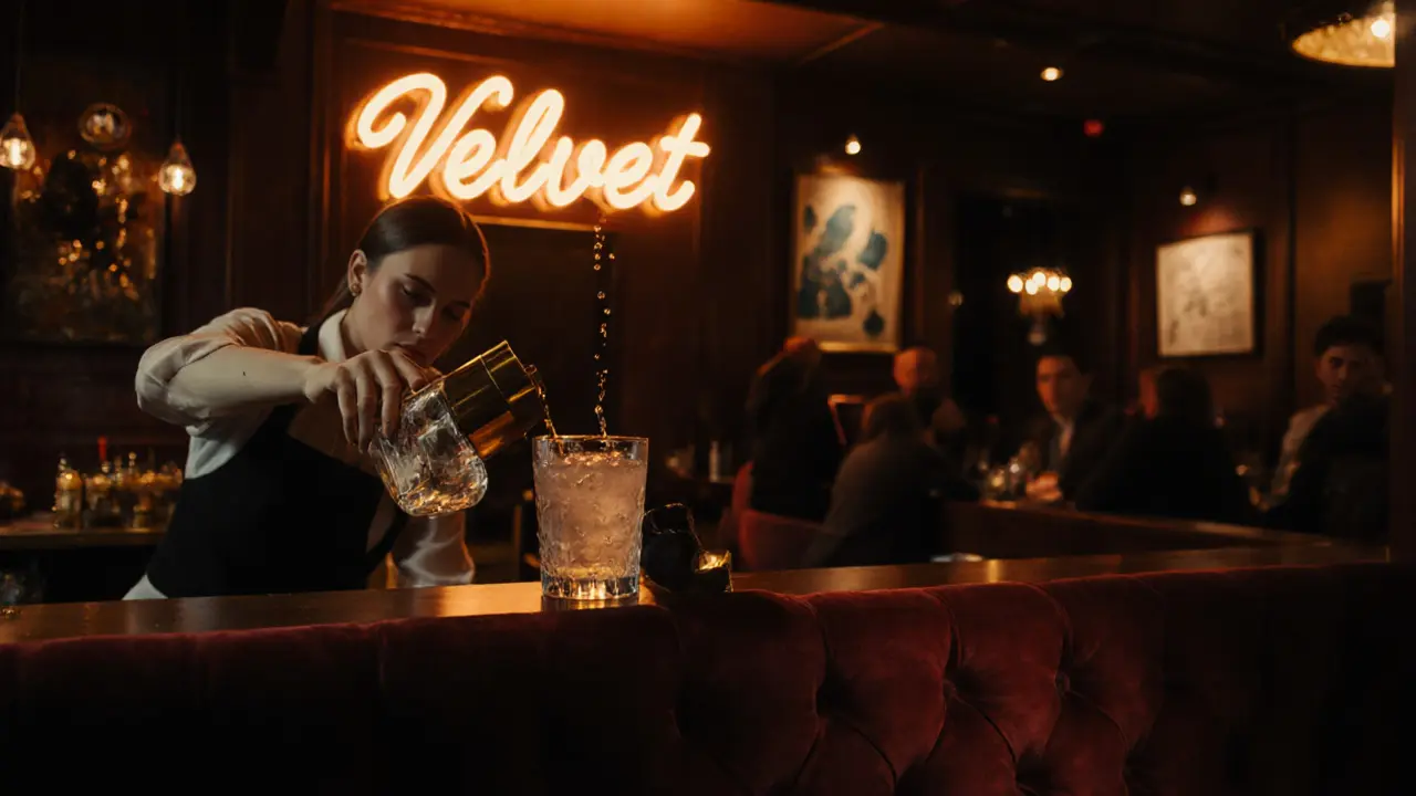 Interior of a dim velvet bar with a bartender pouring a gin‑tonic and a model holding a drink.