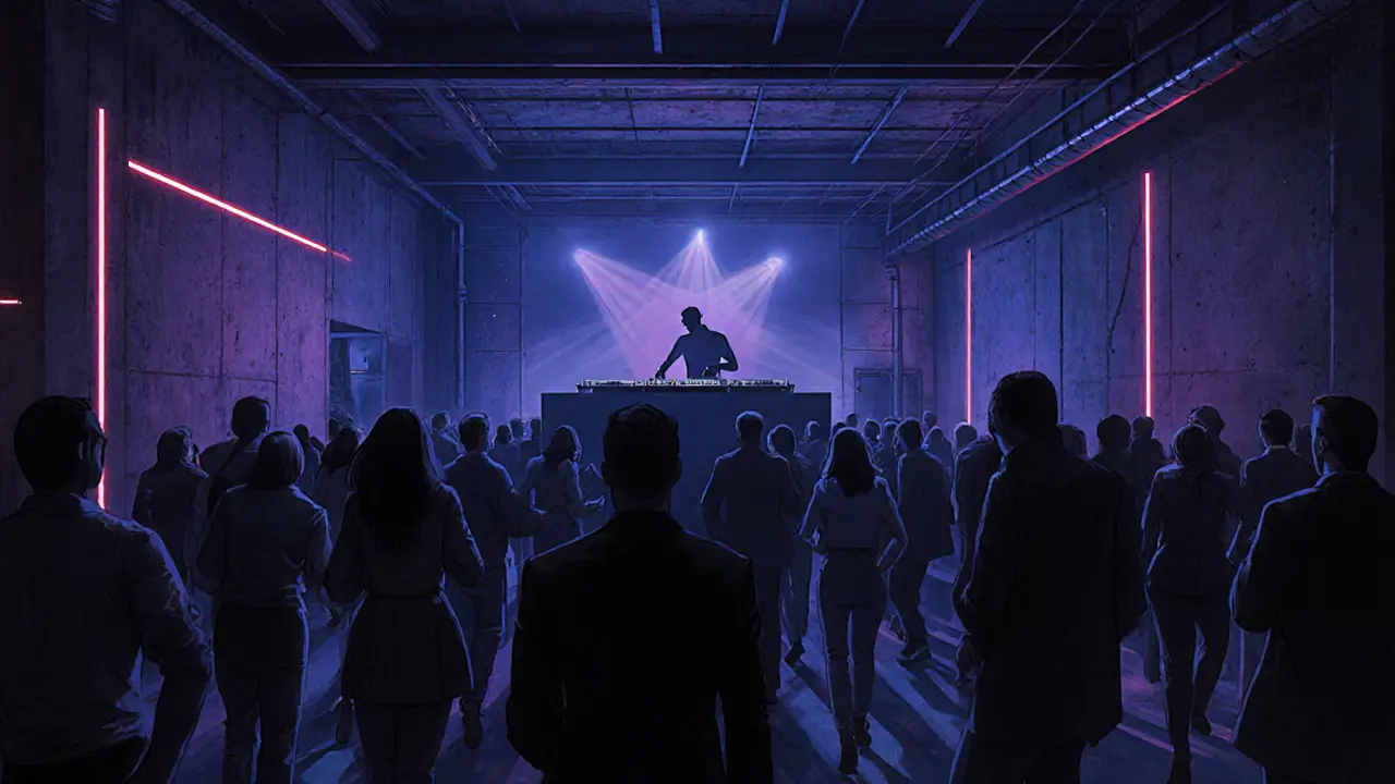 Interior of Harry Klein club with industrial design and crowd dancing under blue lights.