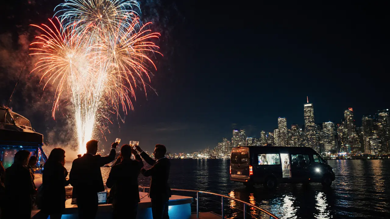Night scene of a party boat with fireworks, friends toasting, and a shuttle van waiting.
