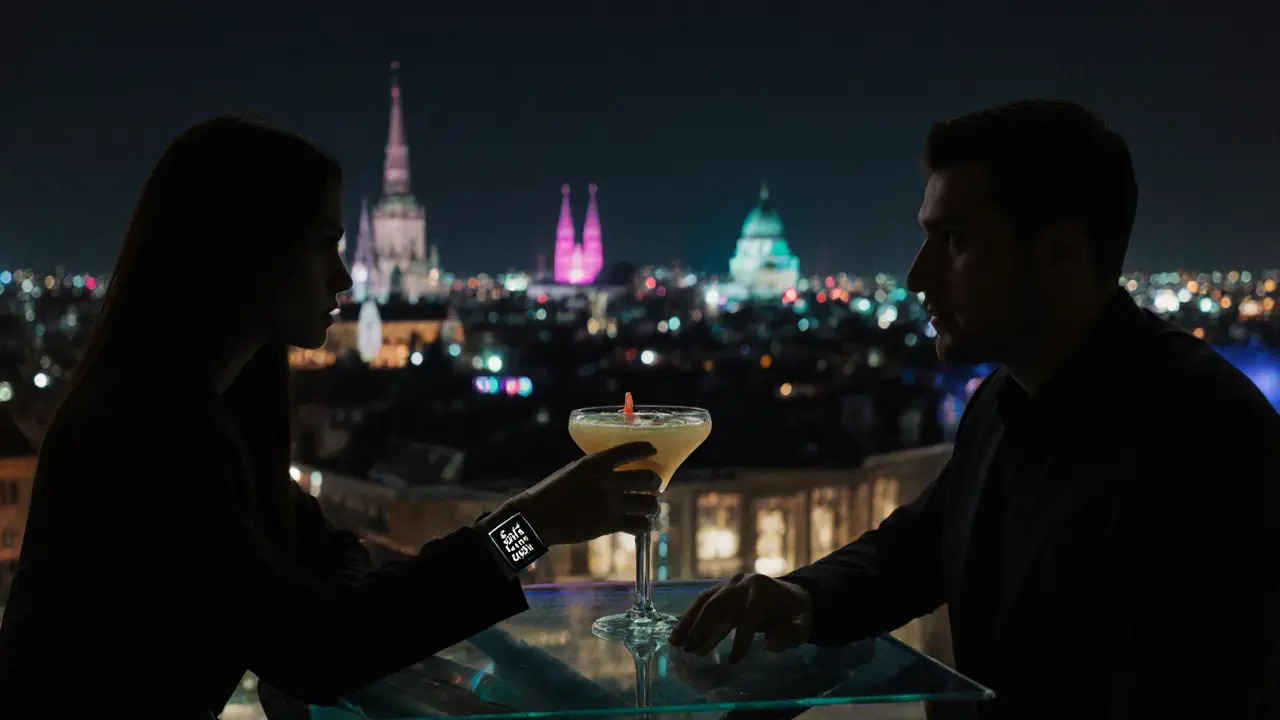 Nighttime rooftop bar scene with escort and client under Munich city lights.