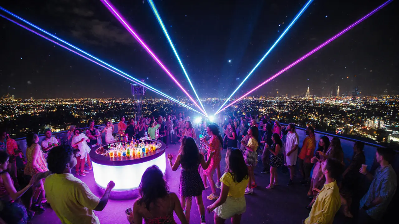 Nighttime rooftop rave party with neon lights, dancing guests, and city skyline.