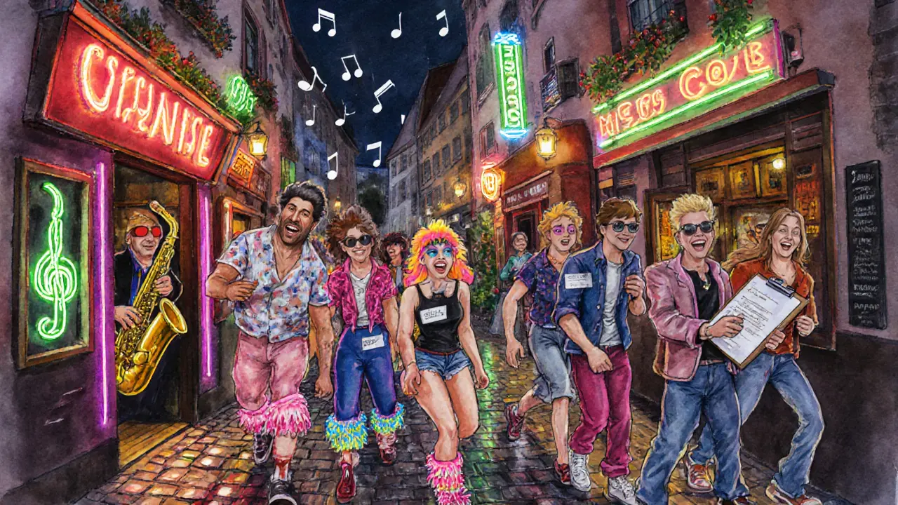 People in 80s costumes laughing during a pub crawl through Munich’s neon-lit streets.