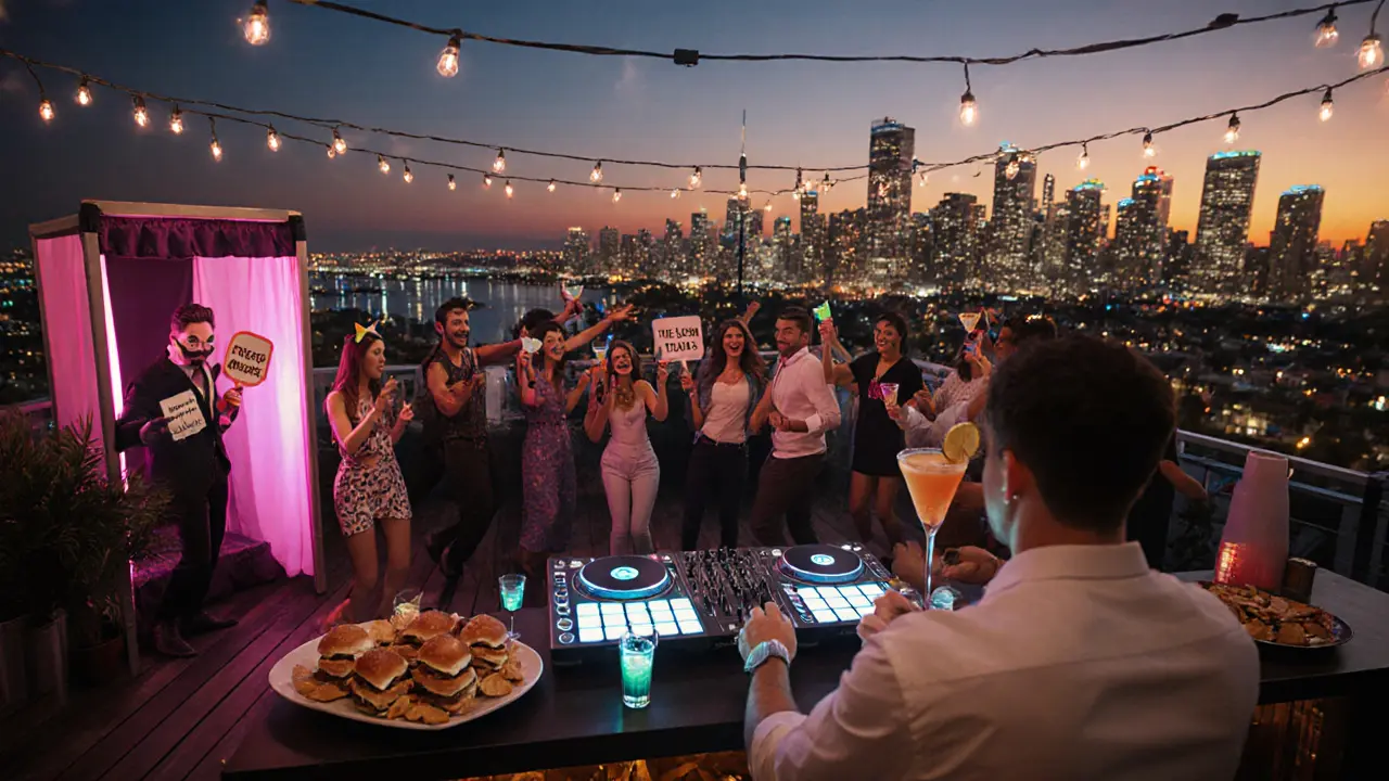 Photorealistic rooftop party with DJ, dancing guests, neon lights, and a photo booth in Vancouver.