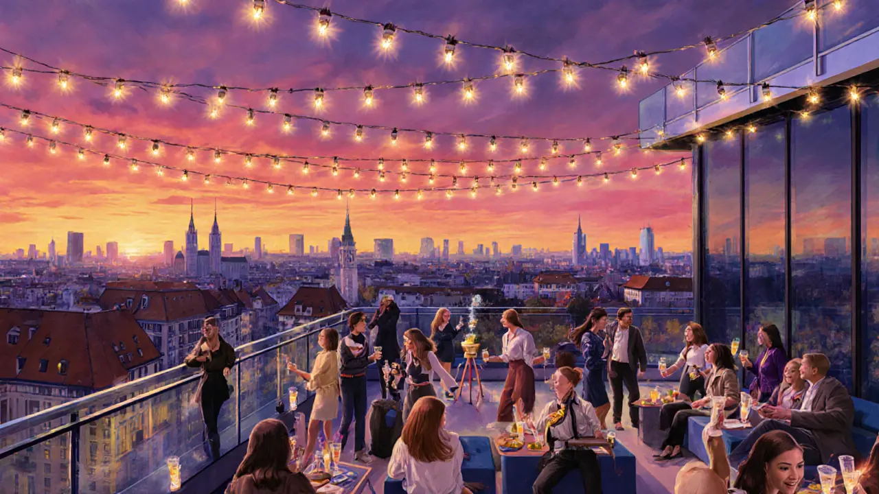 Rooftop bar at Olympic Park with sunset city view, DJ, and stylish people dancing.