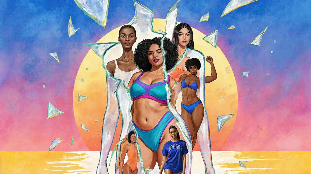 Shattered mold of a traditional model with diverse curvy figures emerging, symbolizing breaking beauty standards.