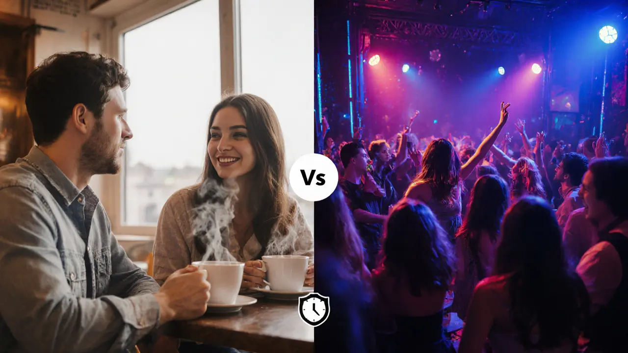 Side-by-side scene contrasting traditional dating in a cafe with a babe-led club experience.