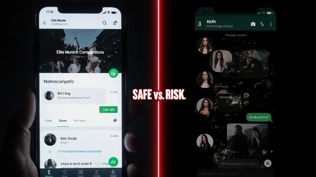 Split image: secure agency website vs. risky WhatsApp chat, symbolizing safe vs. unsafe choices.