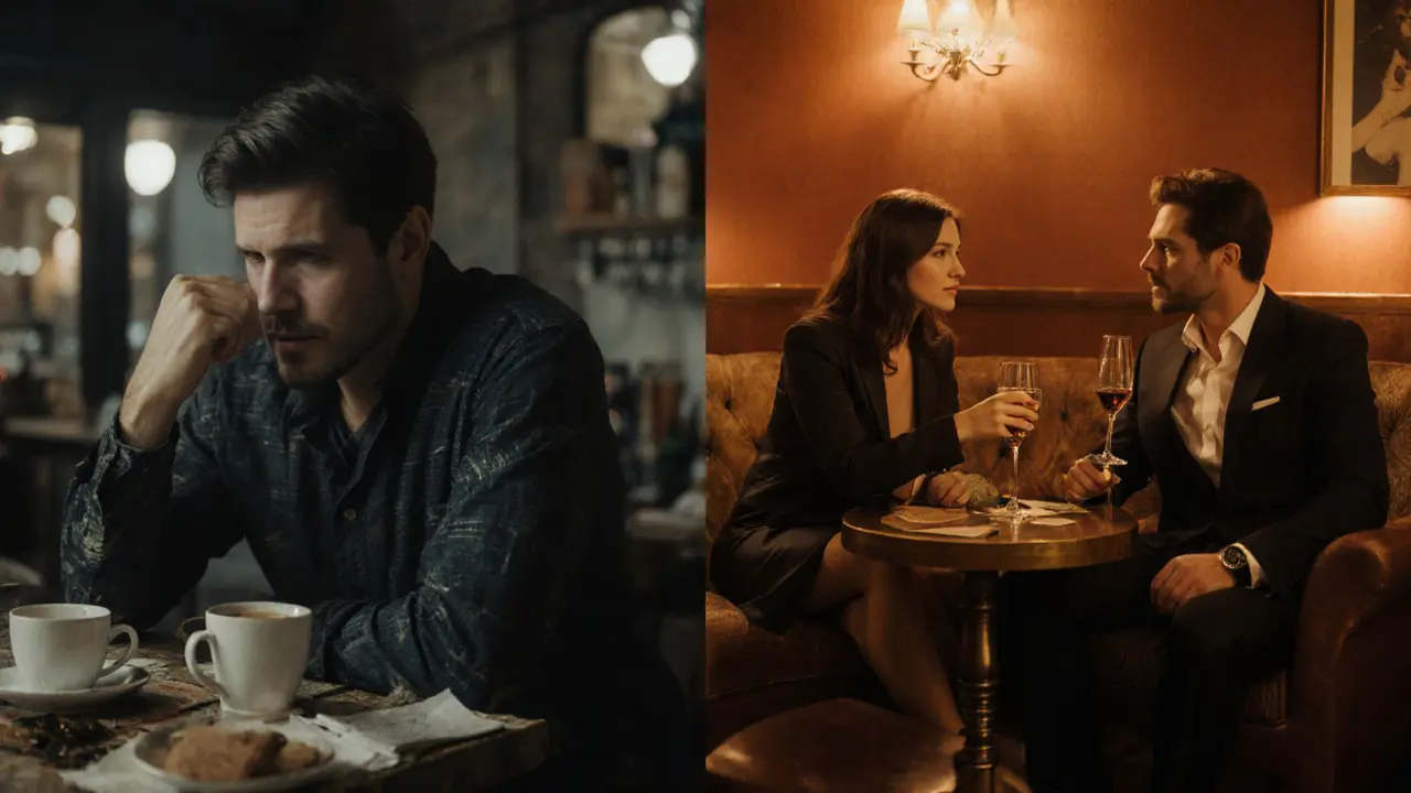 Split scene contrasting chaotic coffee shop with refined lounge setting.