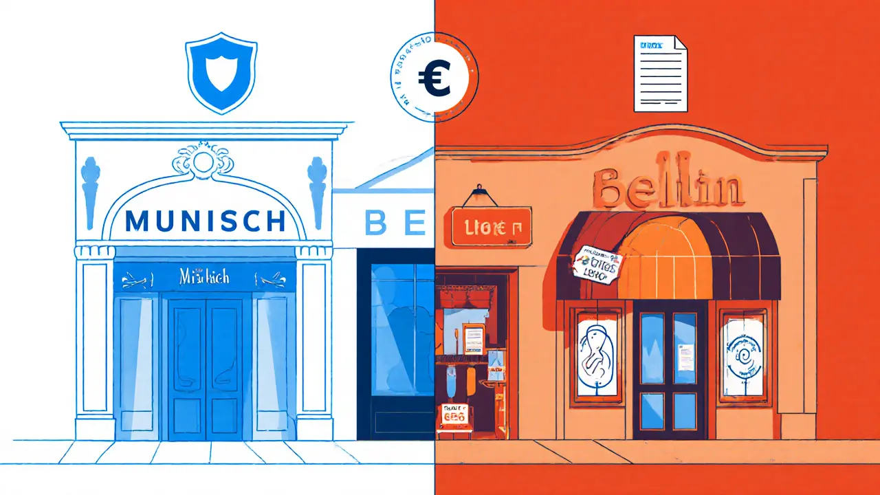 Split-screen comparison of Munich's tidy brothel facade with a hygiene certificate and Berlin's eclectic brothel street scene.