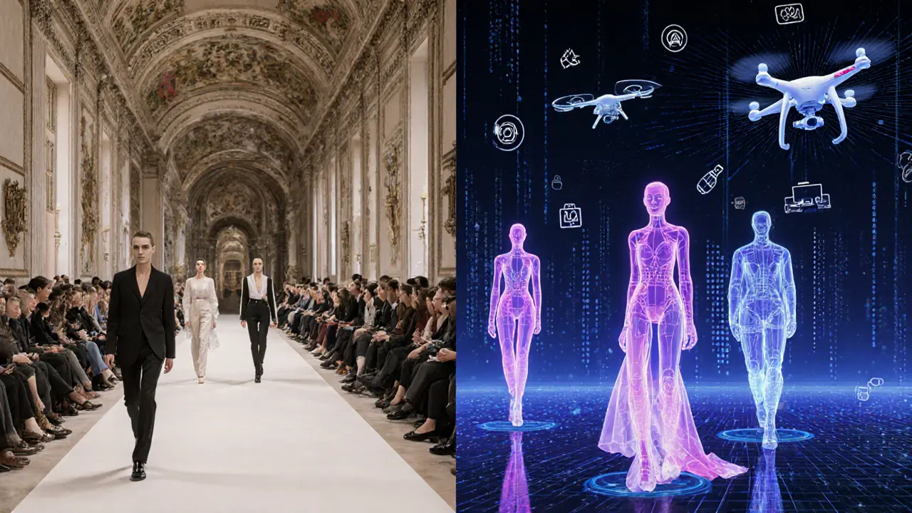Split view of a live runway and a virtual holographic fashion show.