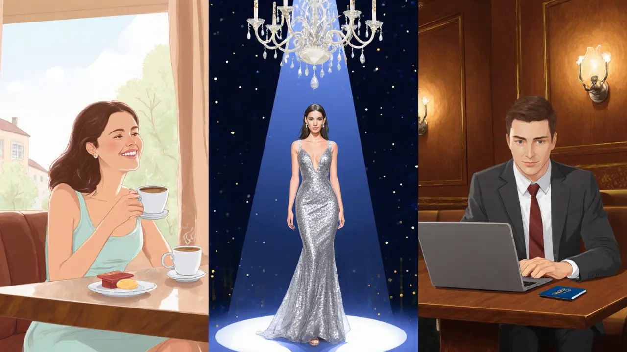 Three panels showing a casual café companion, a glamorous gala model, and a business‑style VIP escort.
