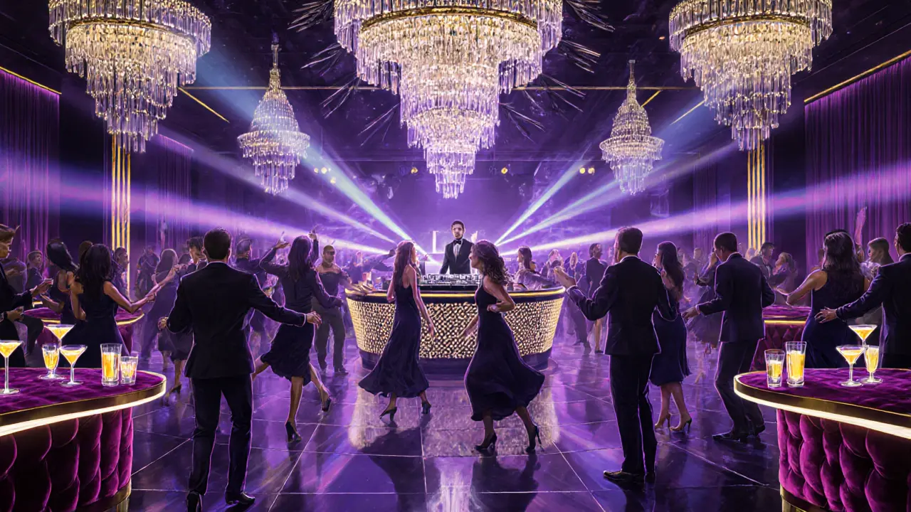 Upscale club interior with glamorous patrons, DJ booth, chandeliers, and lasers.