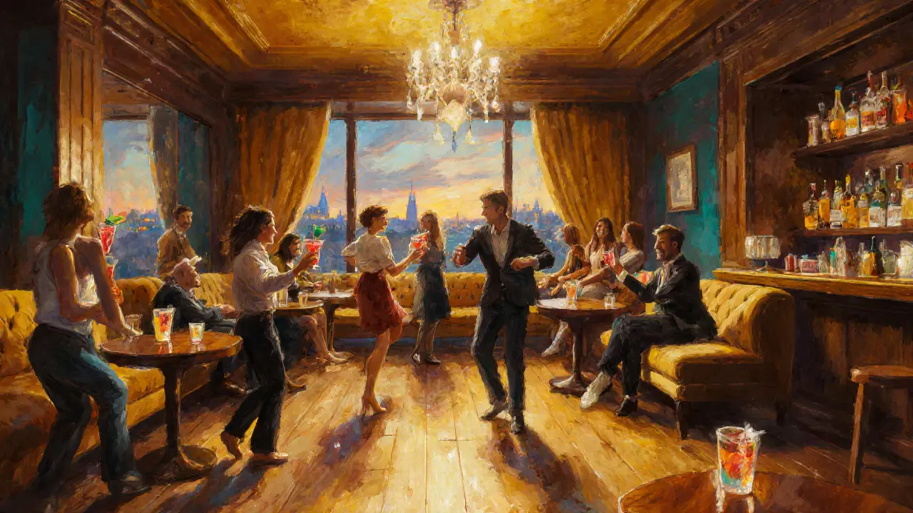 Warm house lounge club interior with people dancing, sipping drinks, and a city skyline view.