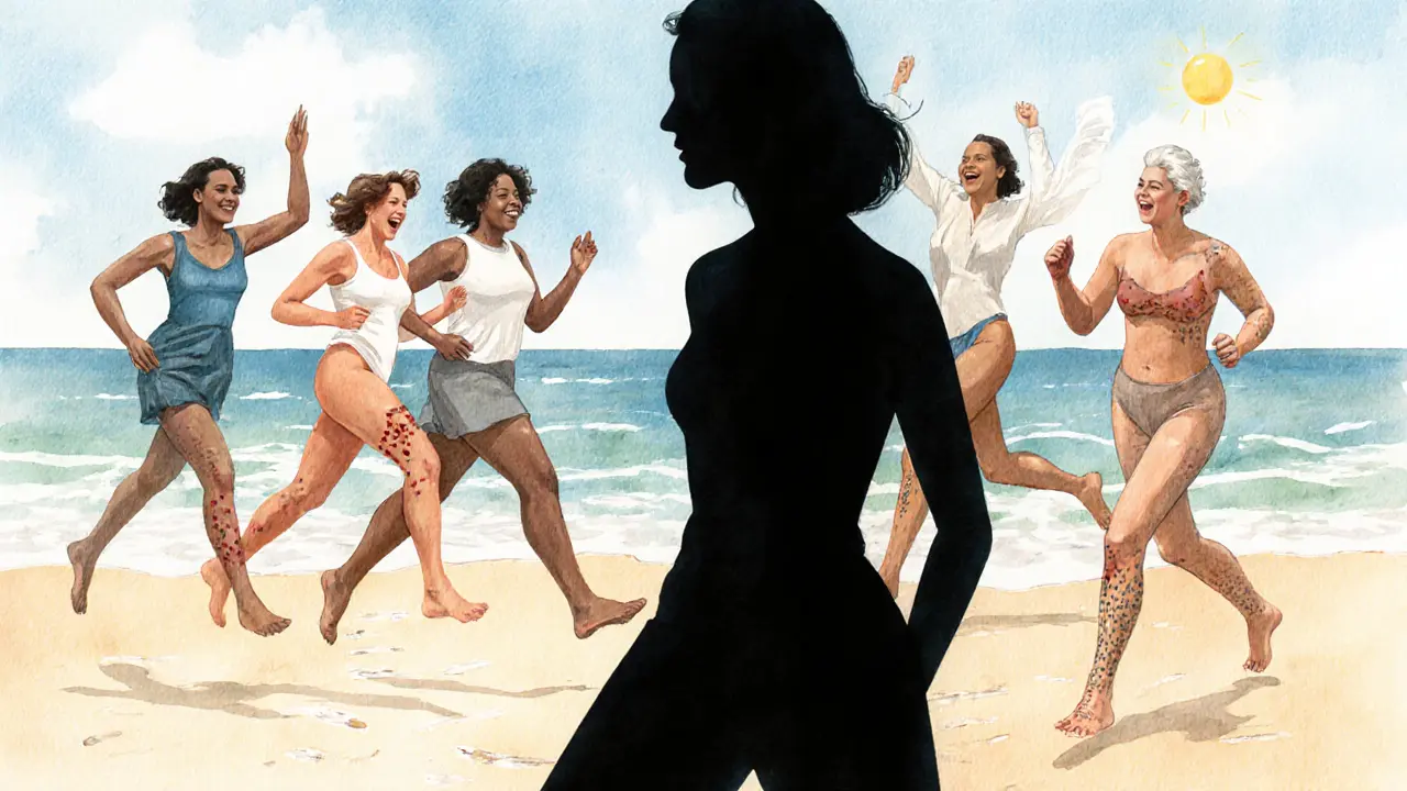 Woman stepping from a distorted mirror into a beach of real bodies, celebrating diversity and authenticity.