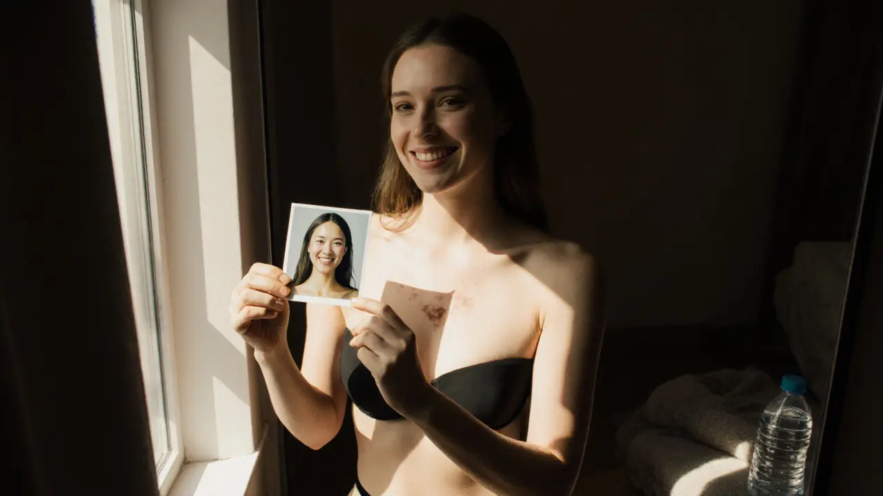 A bikini model smiling beside a mirror, her surgical scar visible, holding a before-and-after photo.