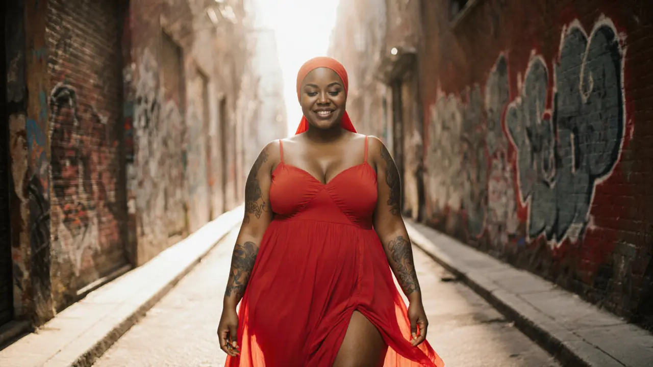 A Black curvy model with tattoos and a hijab smiles in a sunlit alley, wearing a red dress, natural skin and joyful expression.