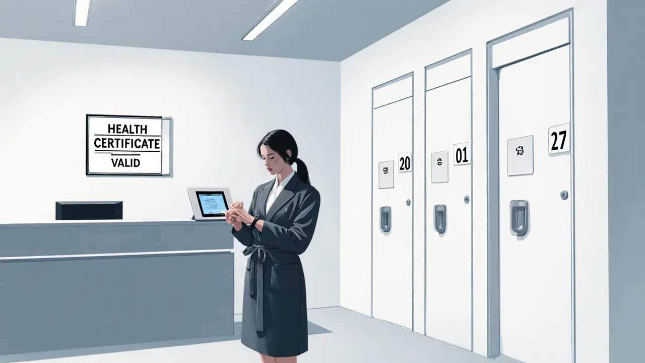 A clean, modern brothel reception area with digital booking screen and health certificate sign.